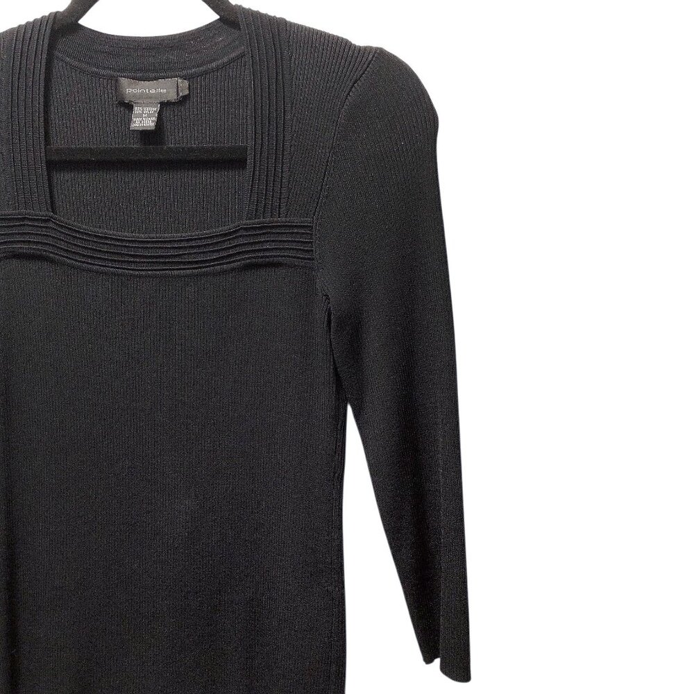 Pointelle Solid Black Square Neckline Ribbed Long… - image 5